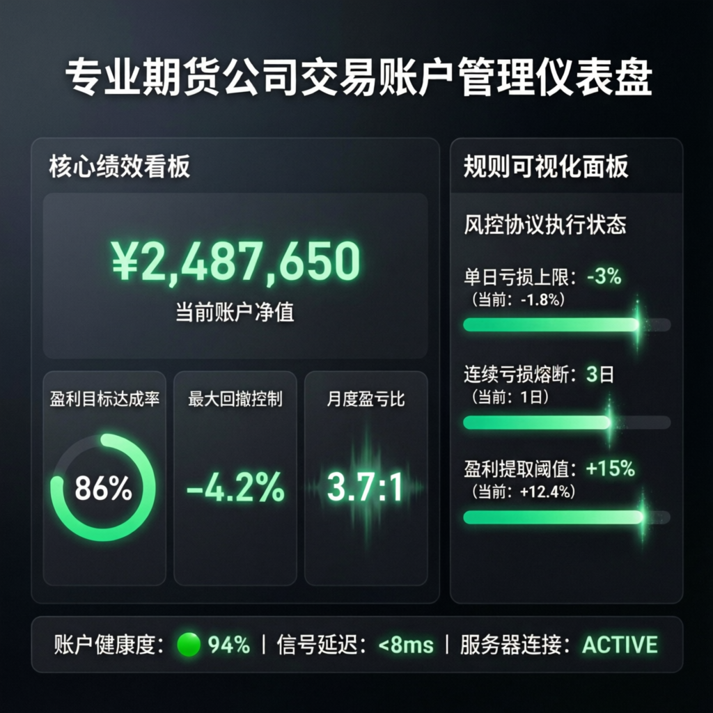 Prop firm trading account management dashboard showing performance metrics, profit targets, and drawdown controls
