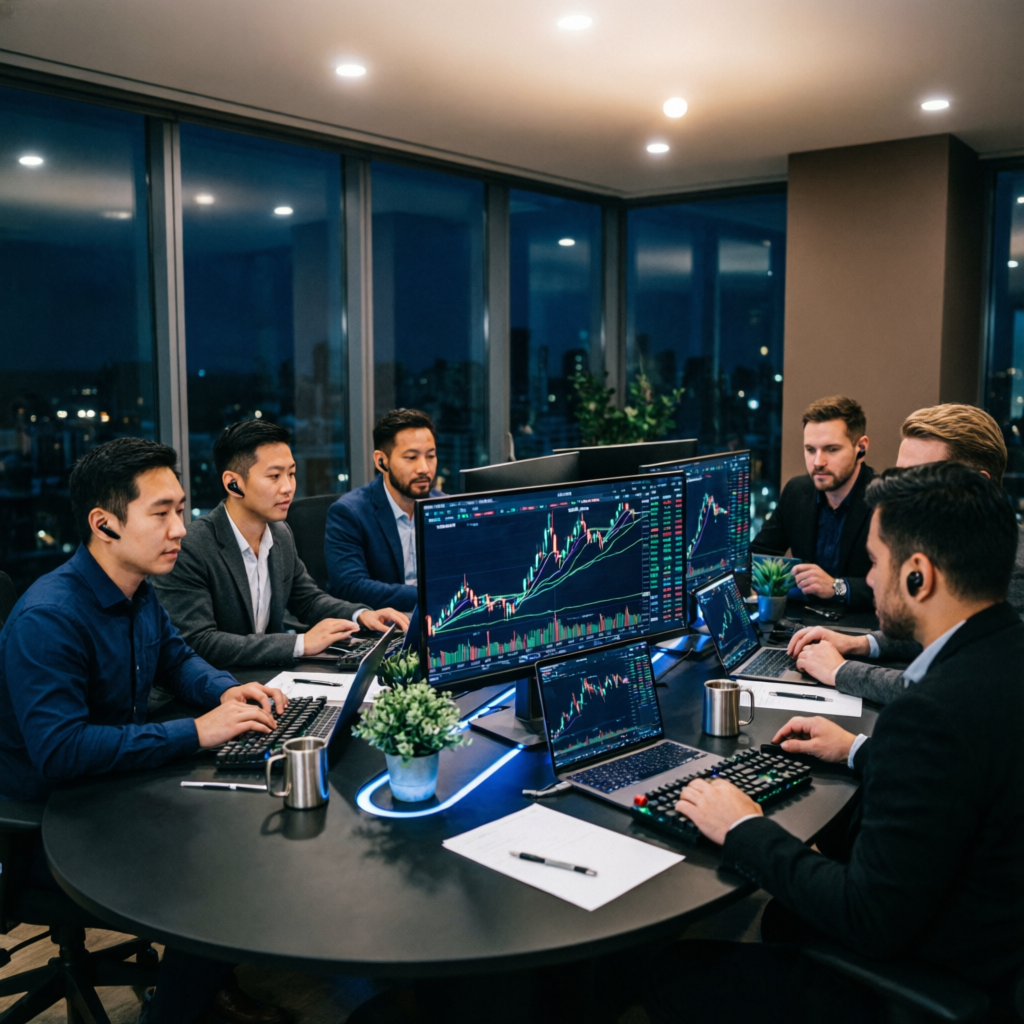 Professional team of forex traders at PFM Capitals working with multiple trading screens