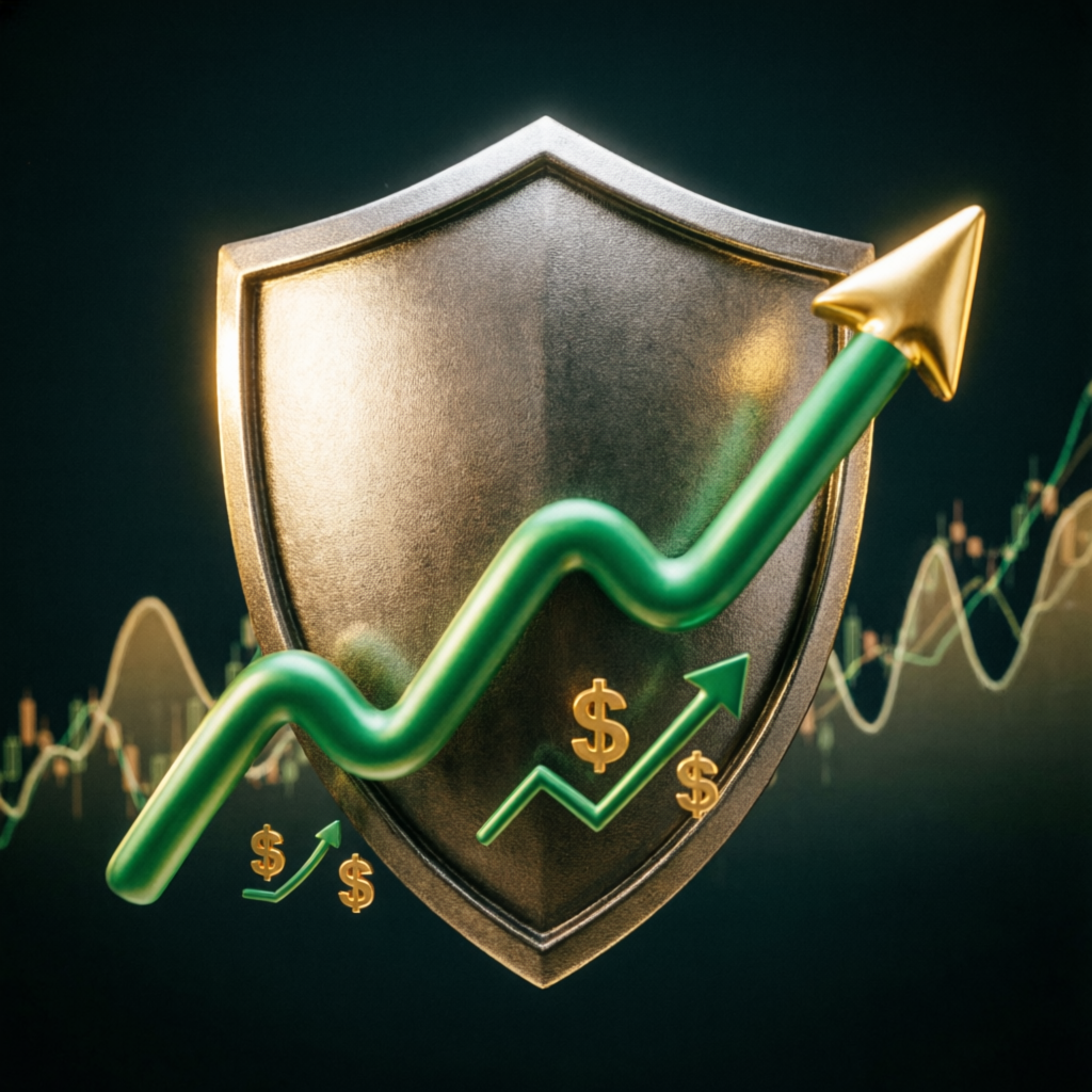 Risk management shield protecting forex trading profits with upward growth chart