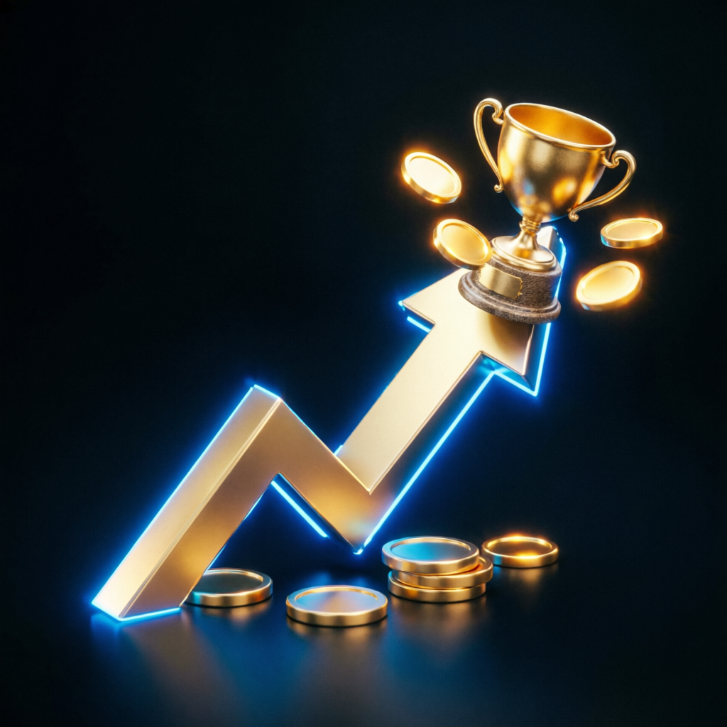 Upward trending arrow with trophy and gold coins representing funded account success at Maven Trading