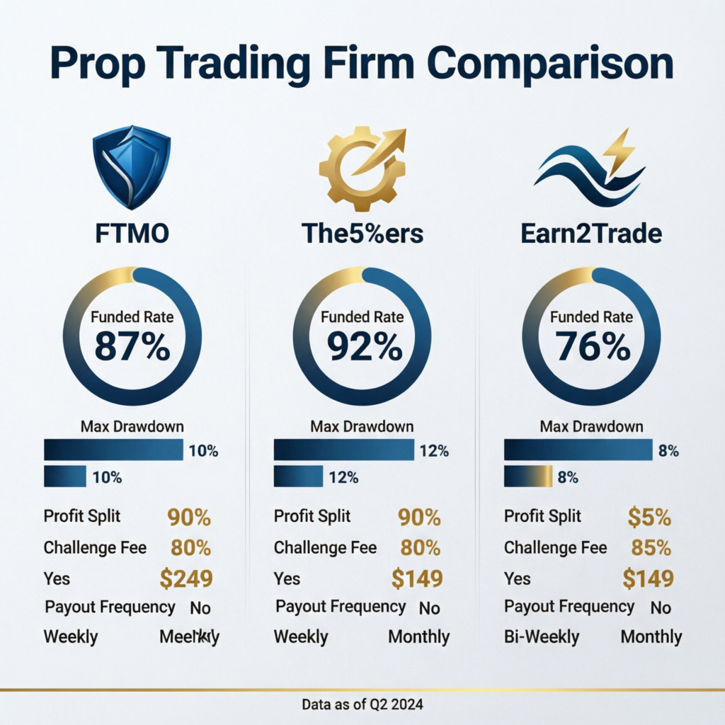 Prop trading firm comparison infographic showing Maven Trading vs FTMO vs The5ers vs Earn2Trade