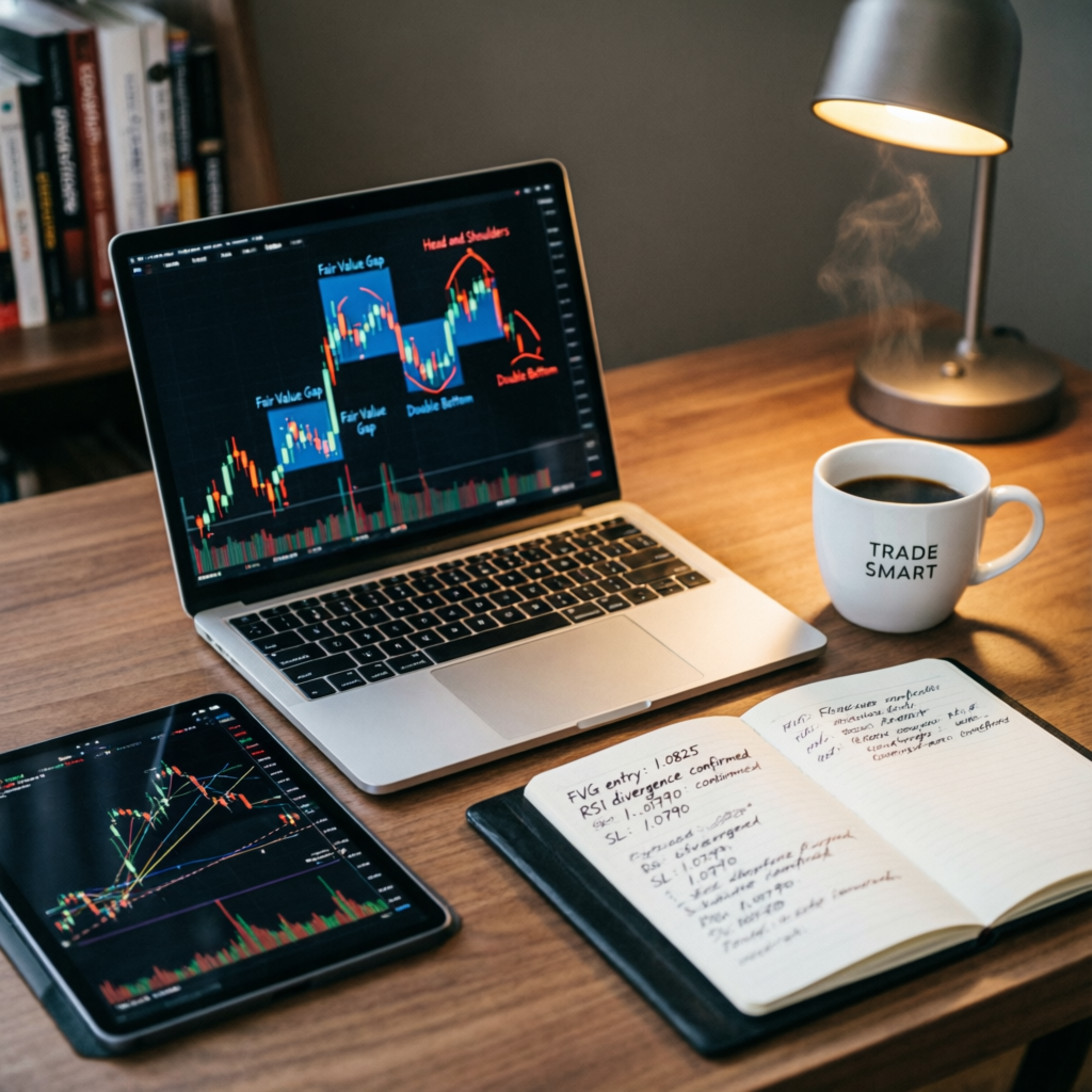 Trading strategy analysis with fair value gaps and chart patterns on laptop screen