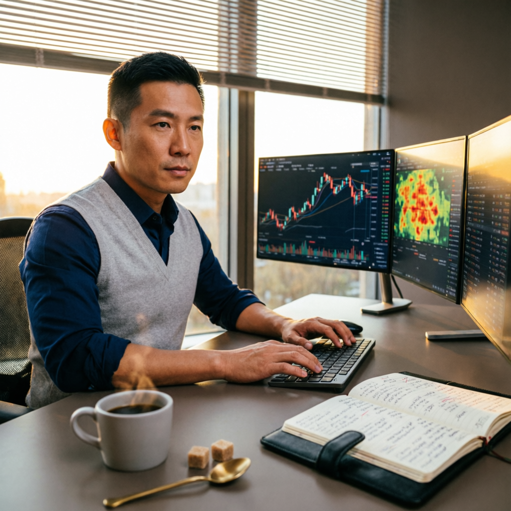 Professional forex trader at multi-monitor setup during Maven Trading funded account challenge