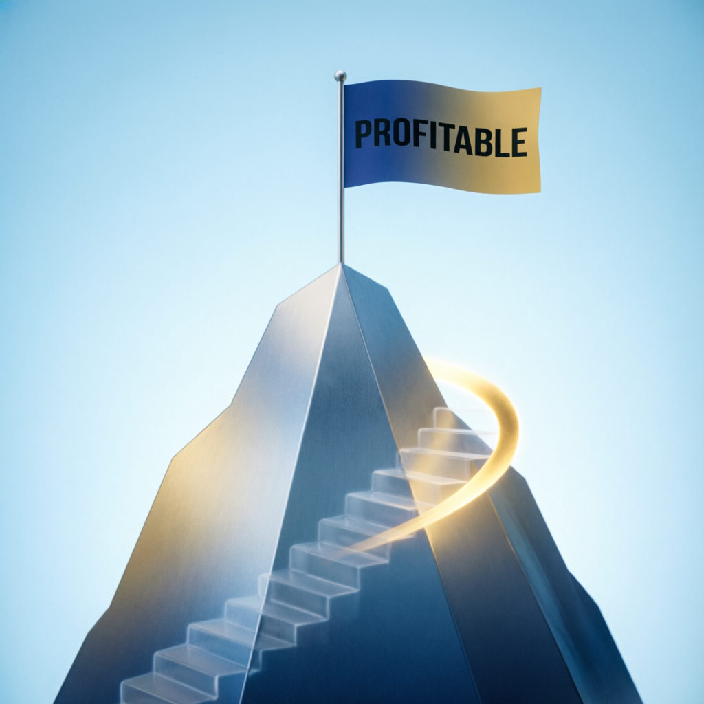 Mountain peak with PROFITABLE flag representing successful Maven Trading challenge completion