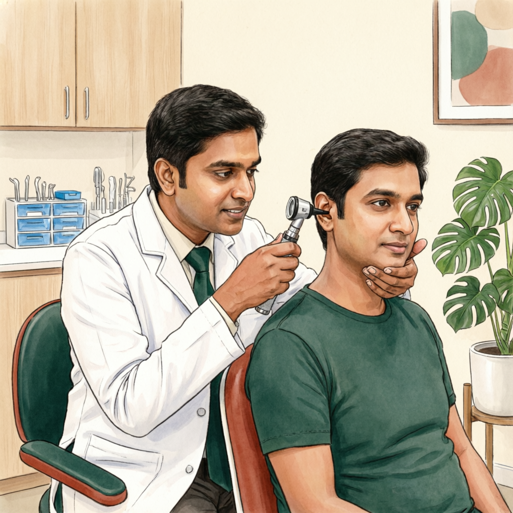 Illustration of an ENT doctor examining a patient's ear with an otoscope in a clinic