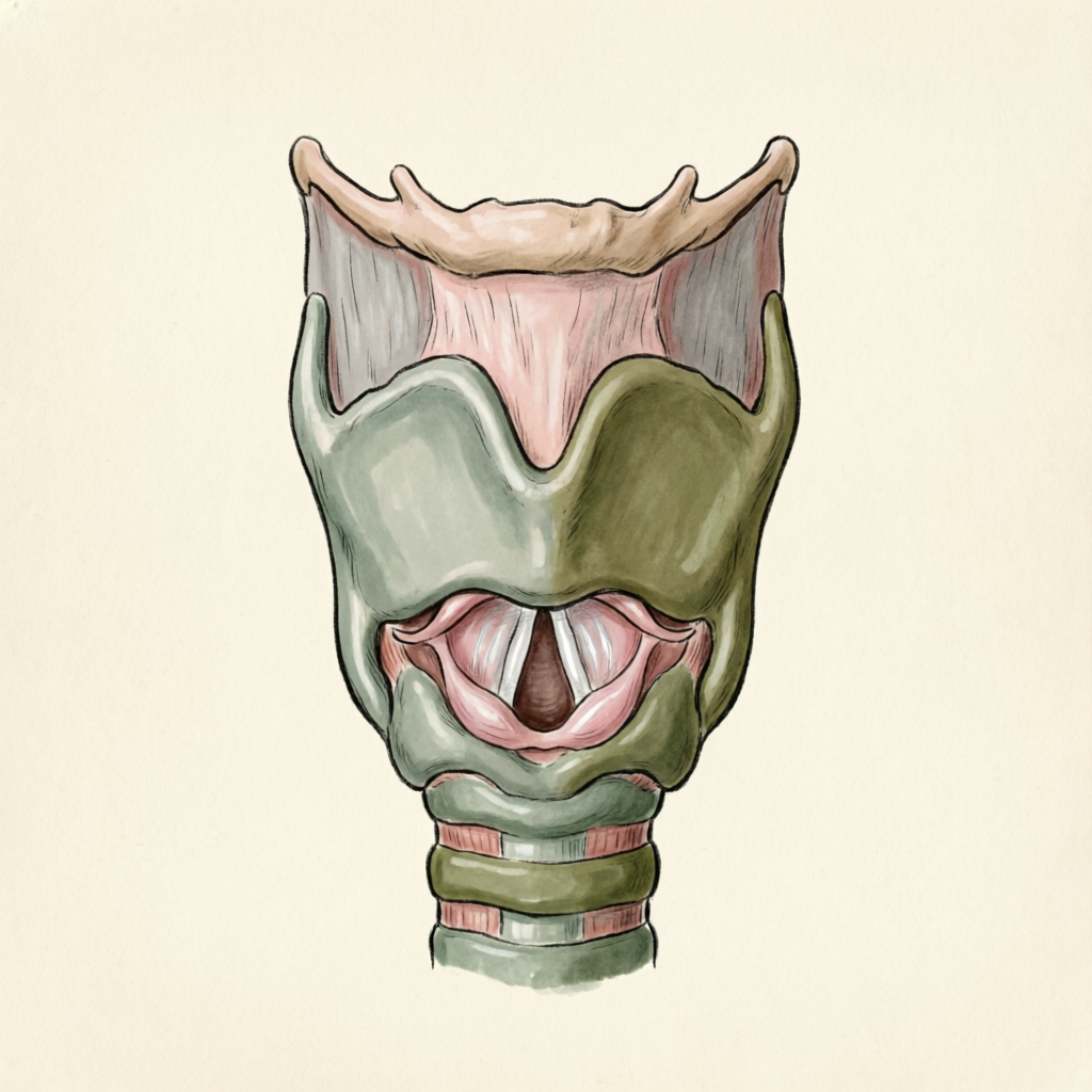 Illustration of the throat, larynx and vocal cords