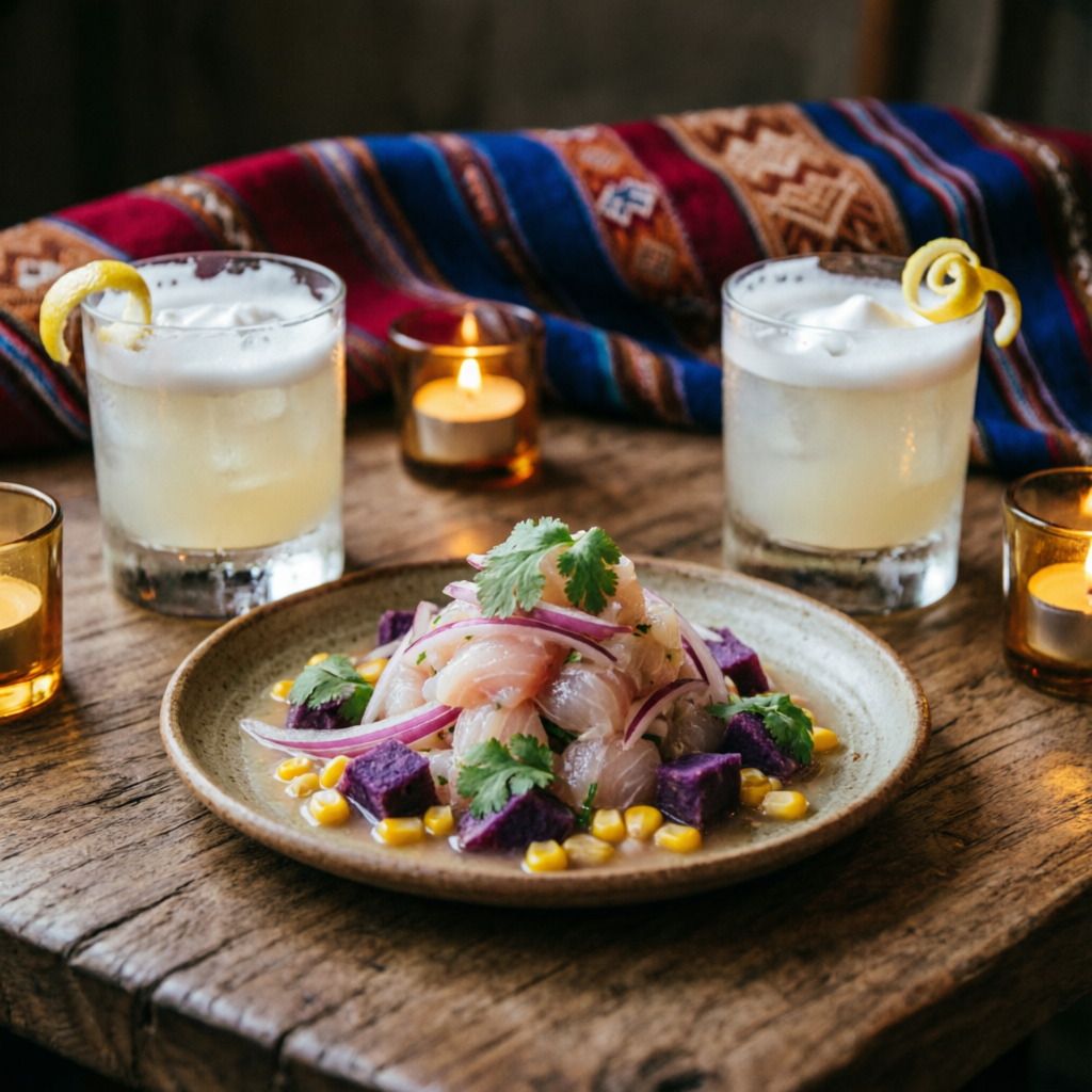 Peruvian ceviche and pisco sour