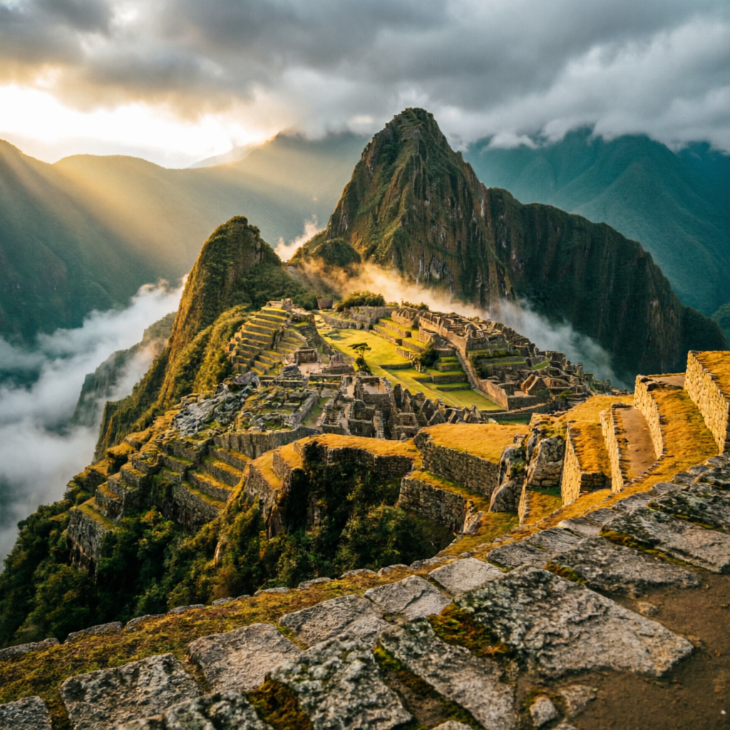 Machu Picchu at golden sunrise