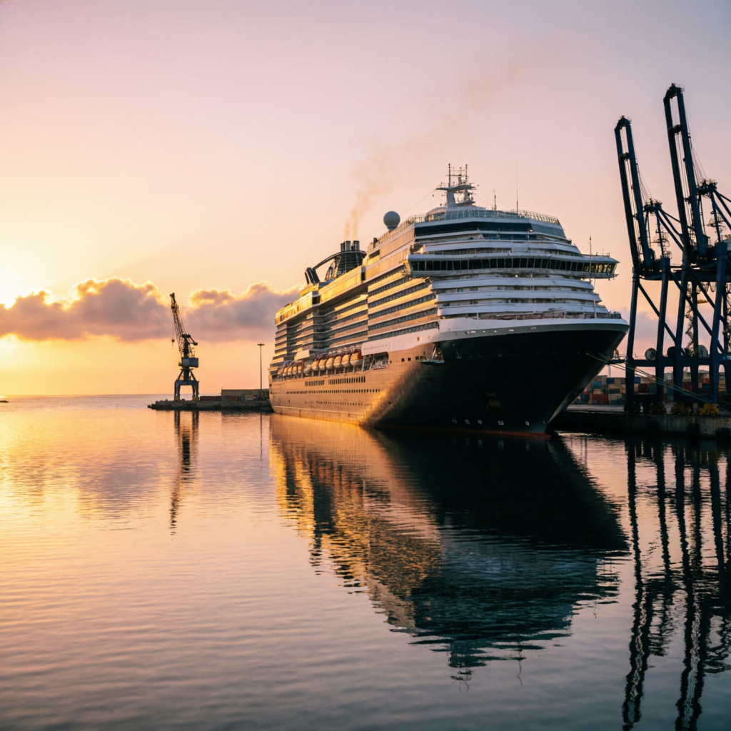 Cruise ship at El Callao port at dawn