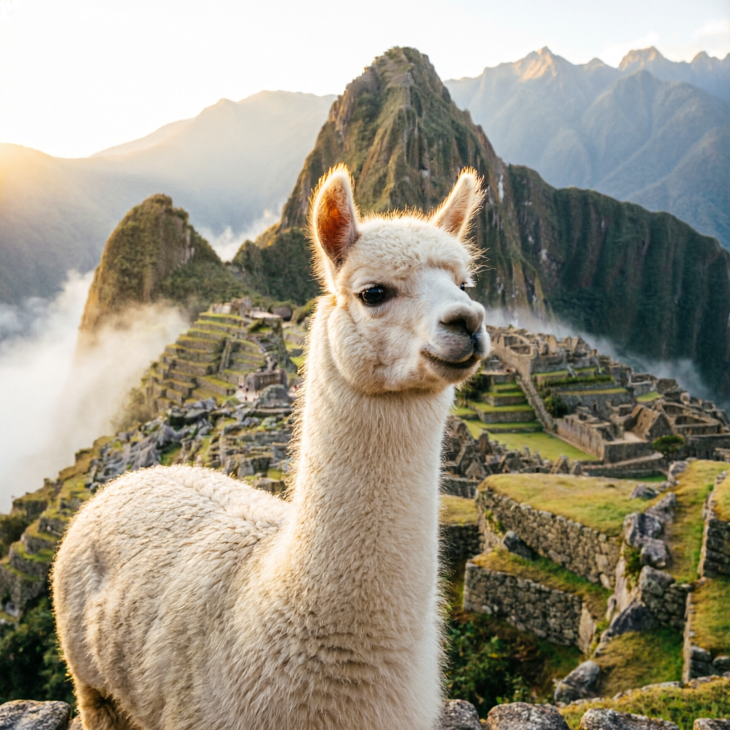 Llama at Machu Picchu terraces