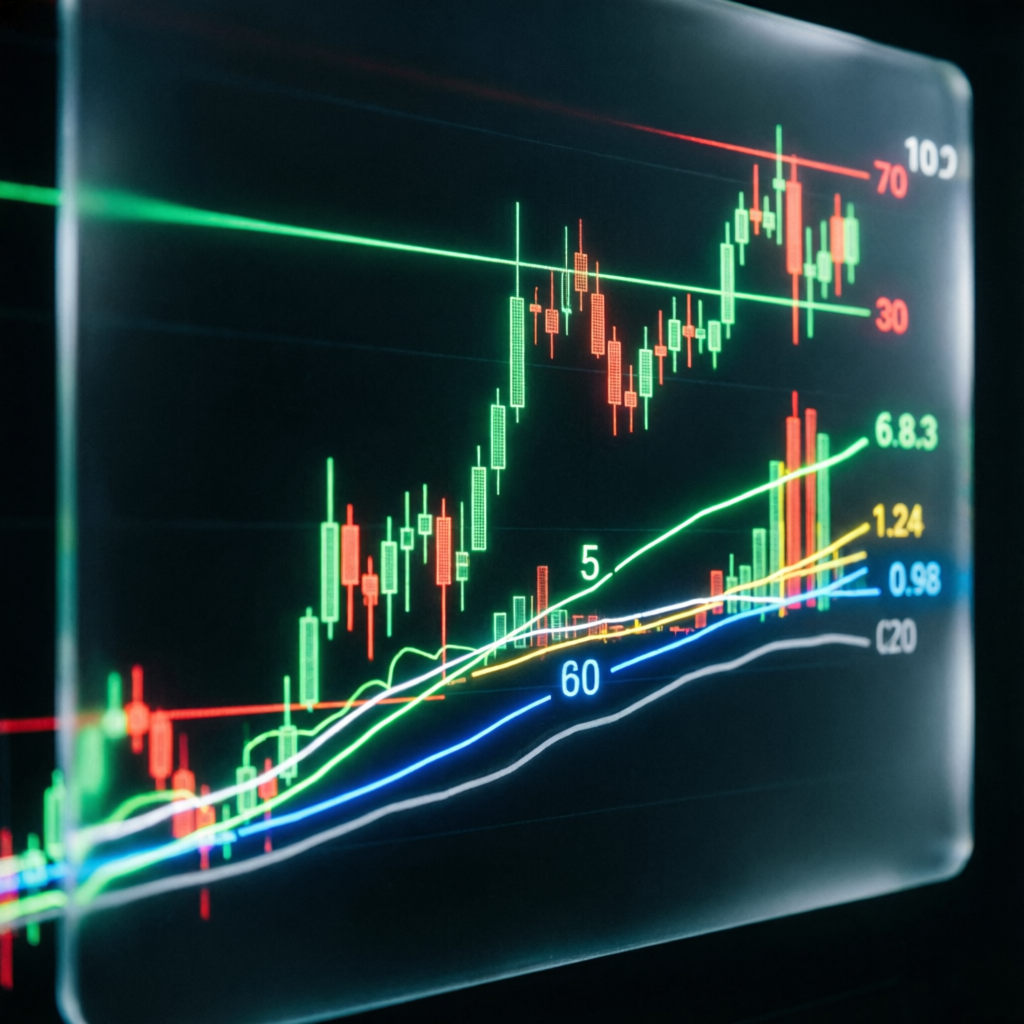 Technical chart analysis with indicators showing trading patterns and trends