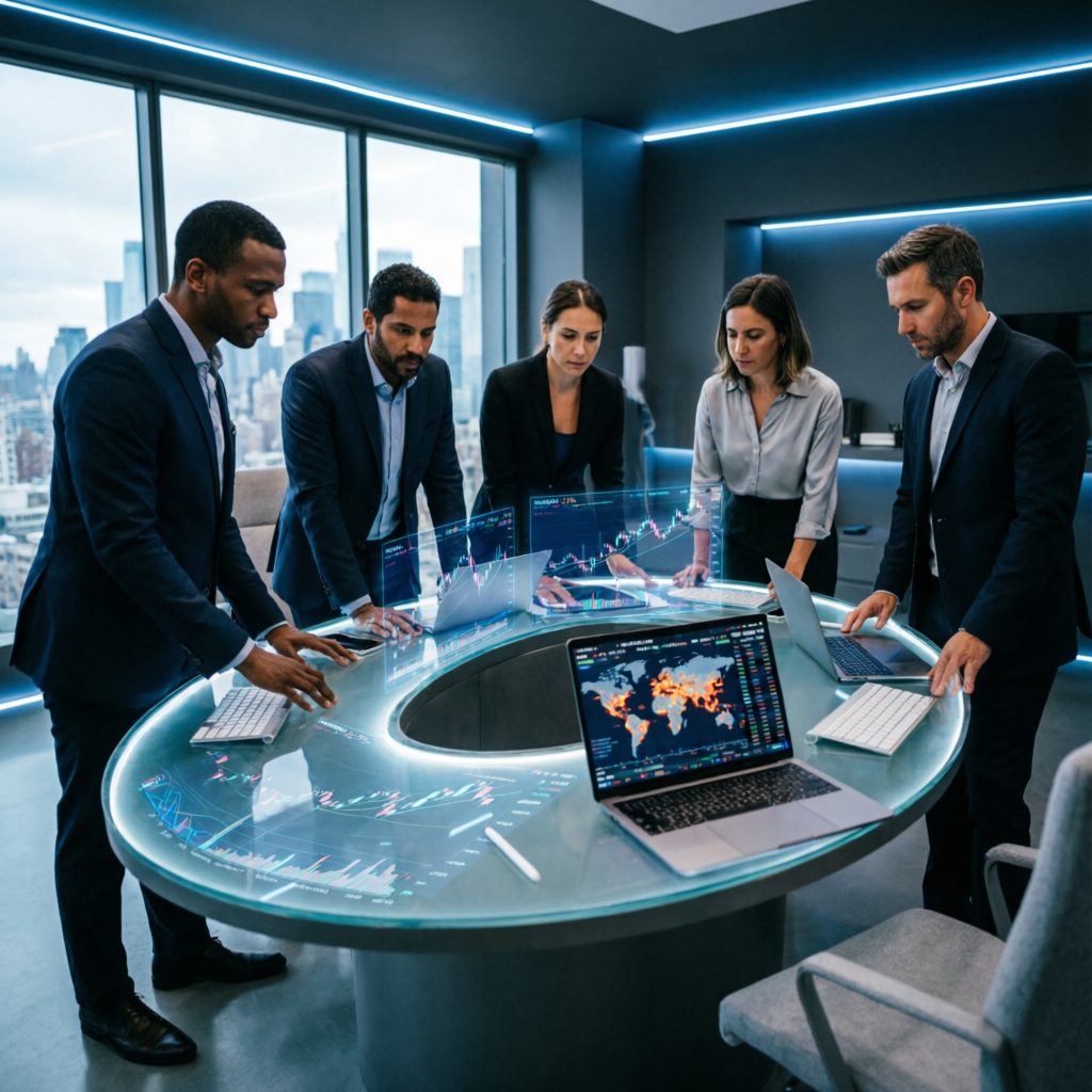 Professional trading team analyzing market data and managing funded accounts