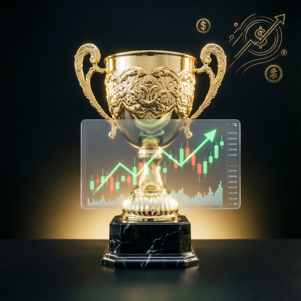 Funded account success trophy with trading charts representing Apex Trader Funding achievement