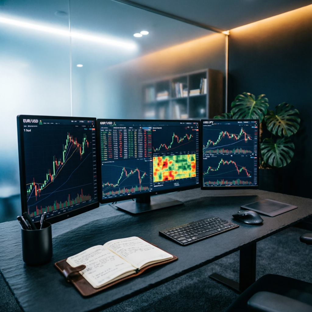 Professional trader workspace with multiple monitors showing forex and futures charts