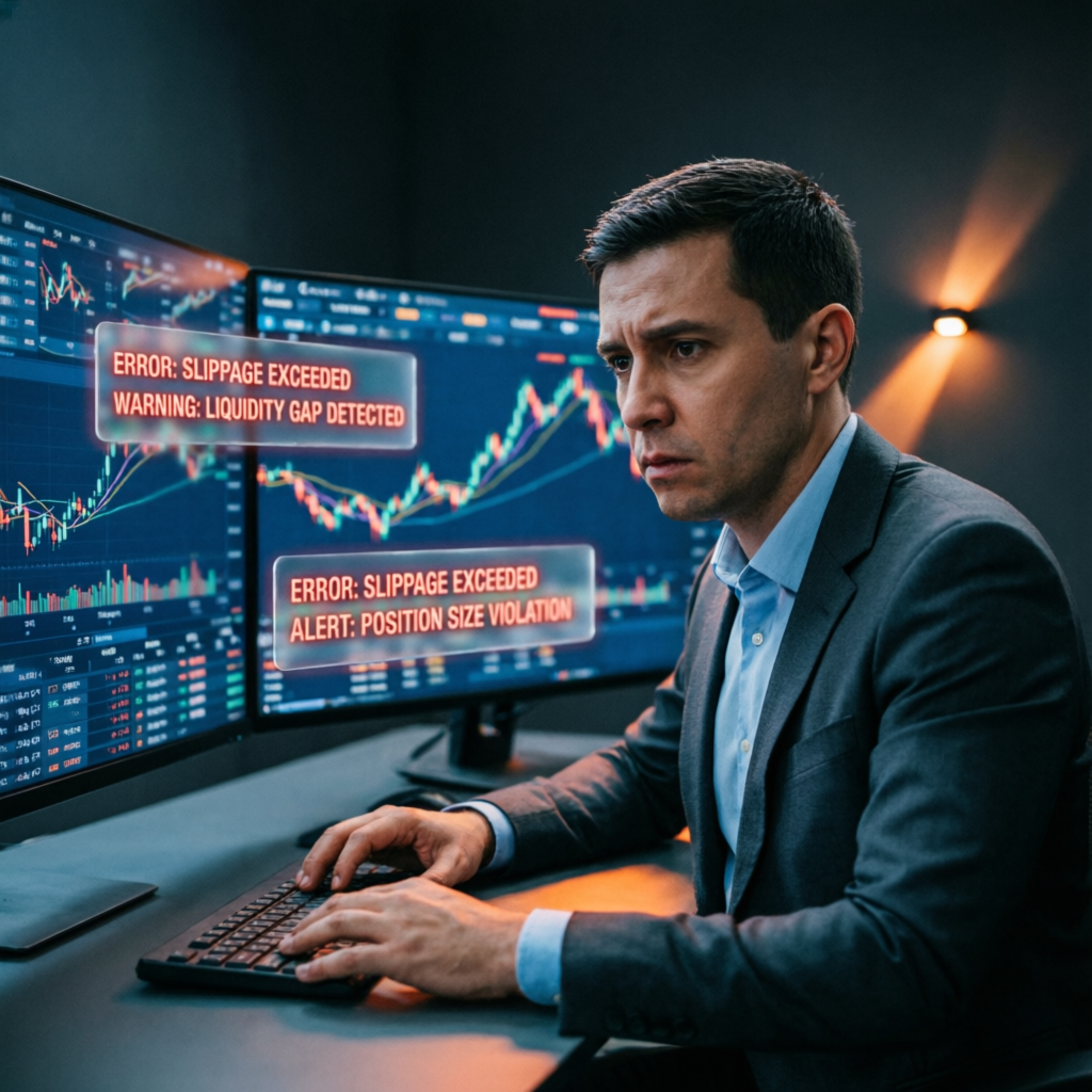 Trader facing Apex evaluation mistakes with error alerts on trading screens