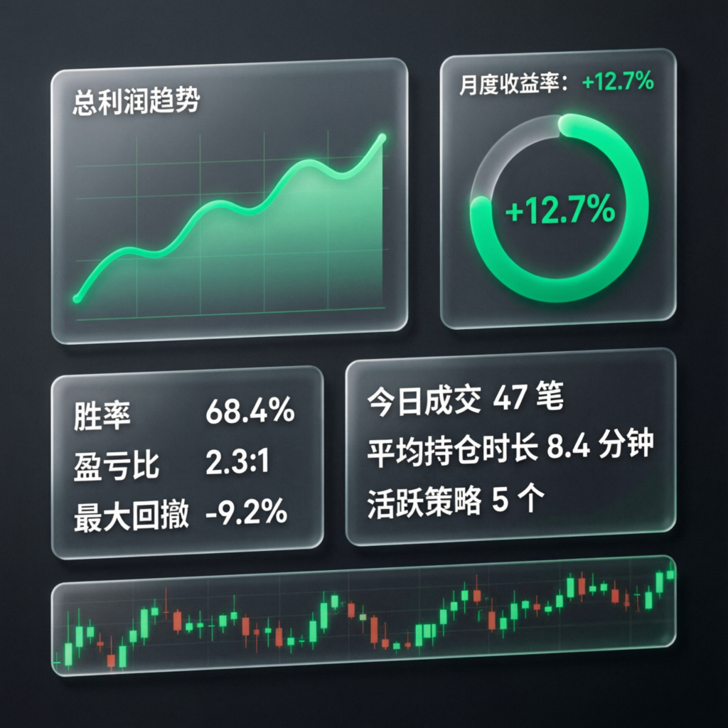 Analytics dashboard showing trading performance metrics and profit trends