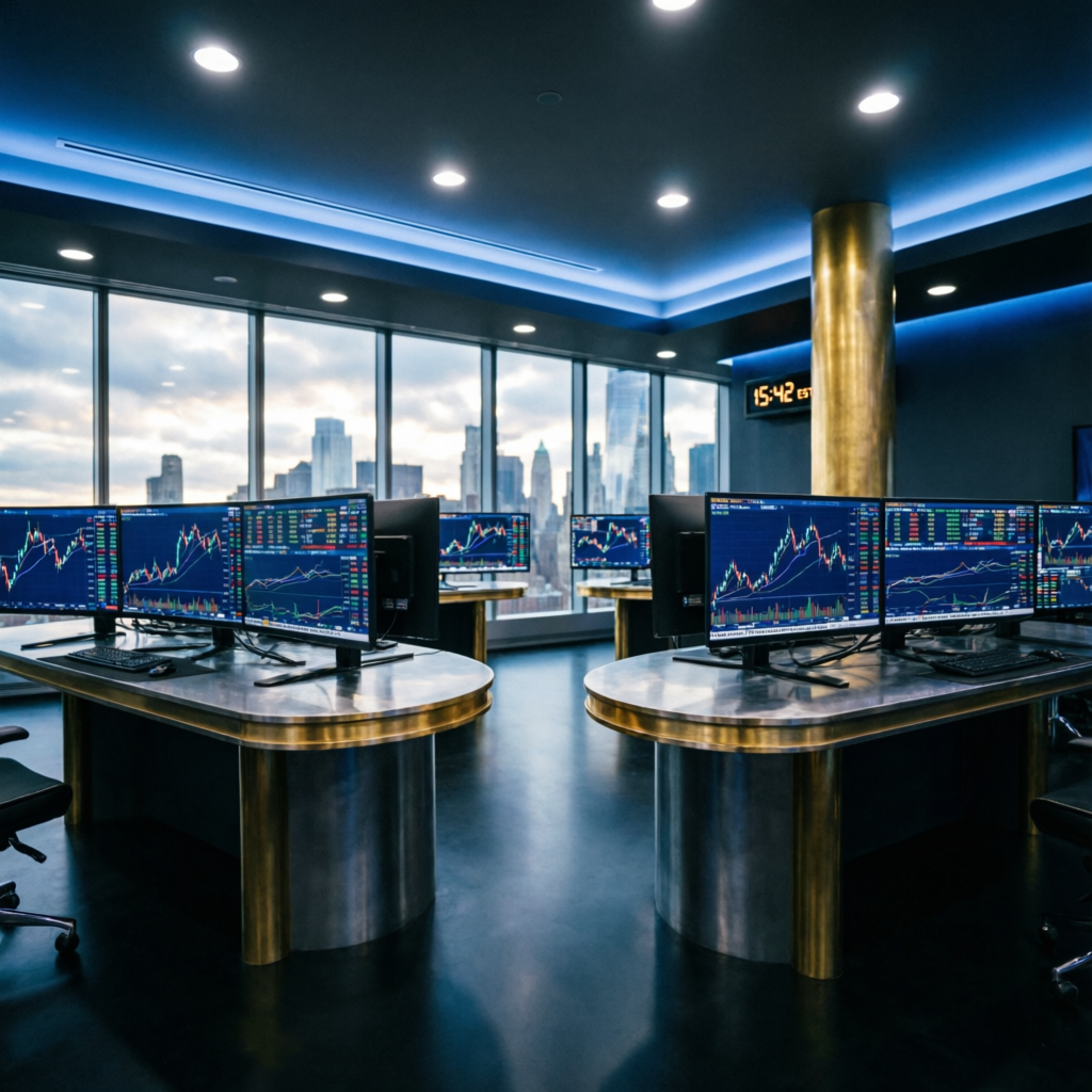 Professional Topstep trading floor with multiple monitors showing futures charts
