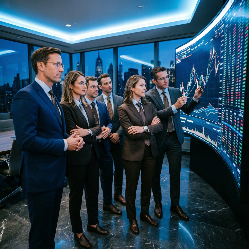 Professional trading team analyzing charts