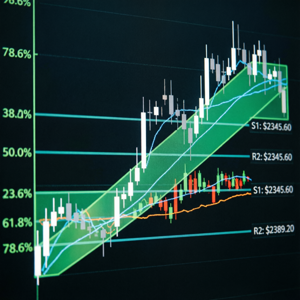 Technical analysis chart with fibonacci levels and support resistance