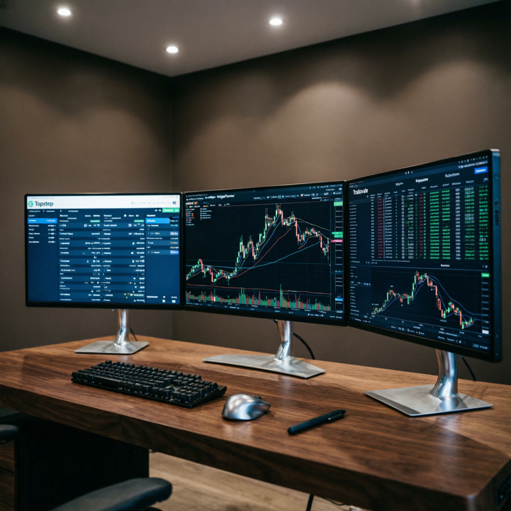 Professional trader workspace with Topstep and NinjaTrader