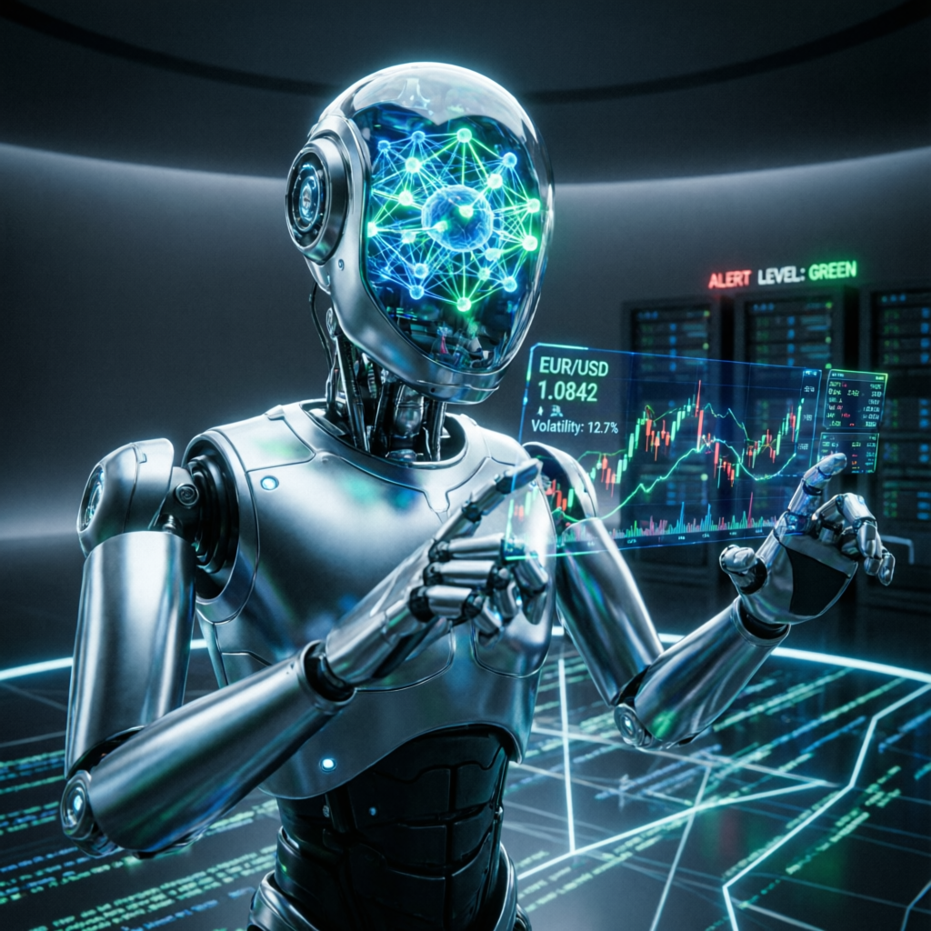 Futuristic AI trading robot analyzing forex charts with neural network technology