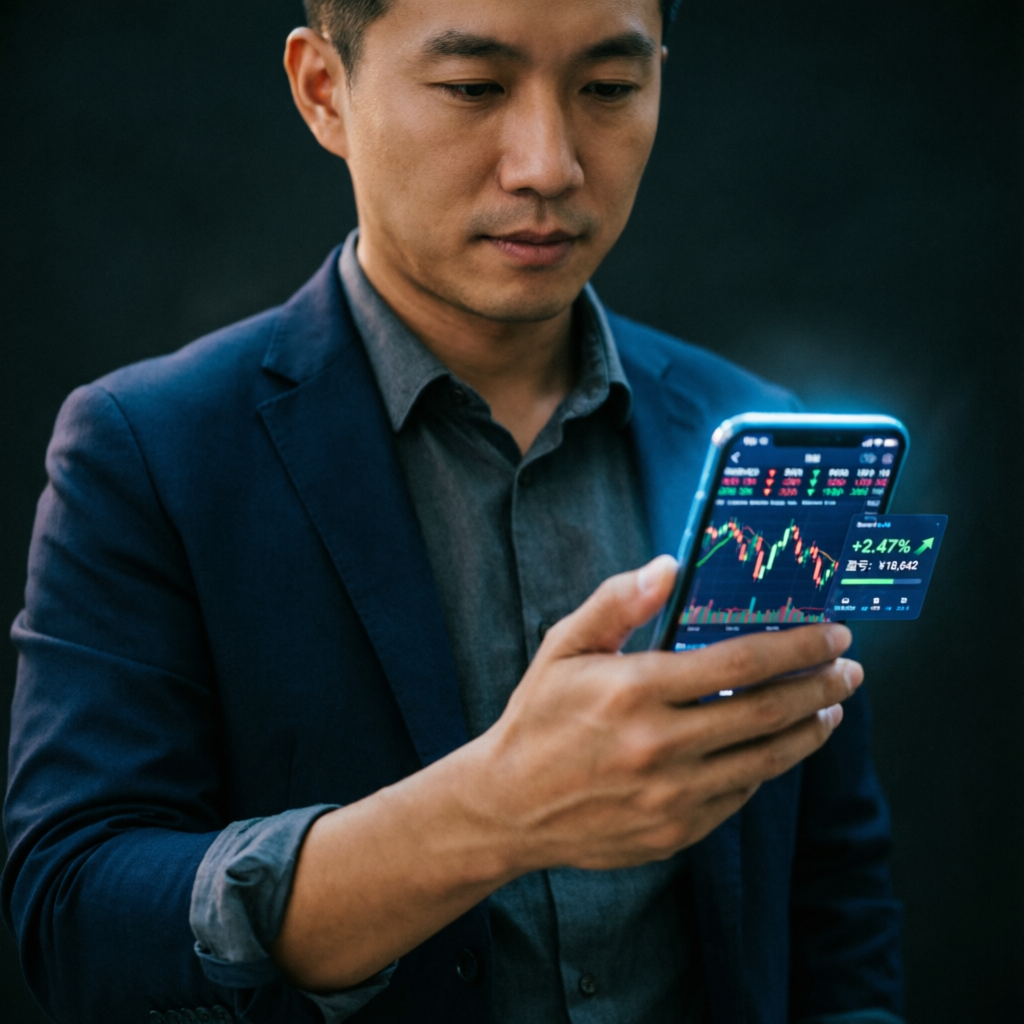 Professional trader using mobile phone to monitor forex trading charts and profits
