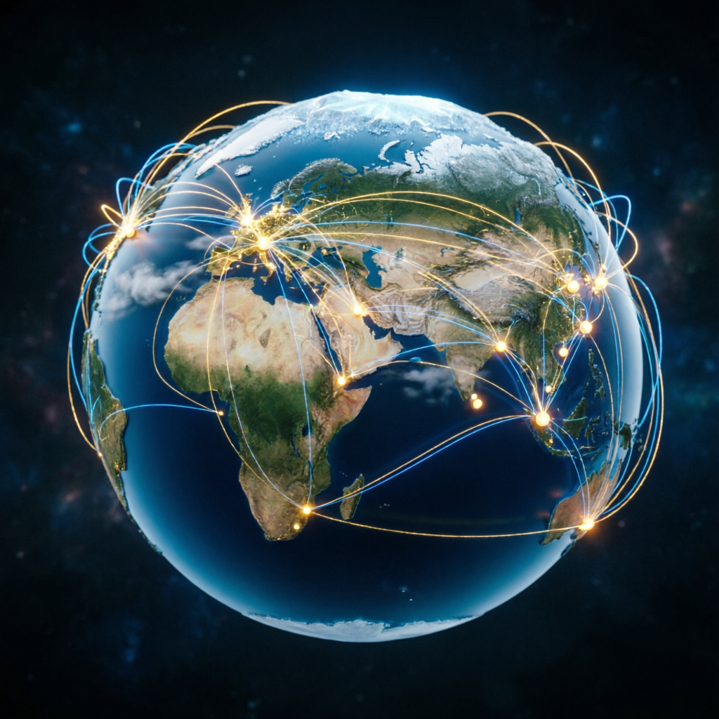 Global world map with glowing trading connections between major financial centers worldwide