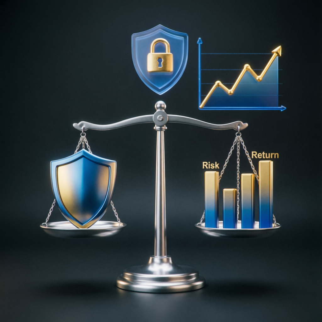 Risk management concept with balanced scales showing shield and profit chart