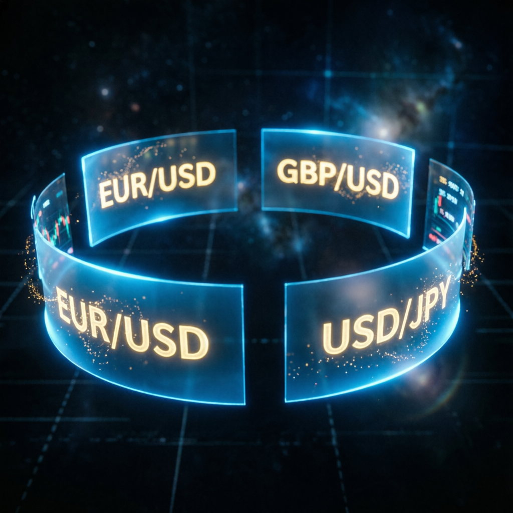 Multiple forex currency pairs EUR/USD GBP/USD USD/JPY displayed on holographic screens representing global prop firm trading