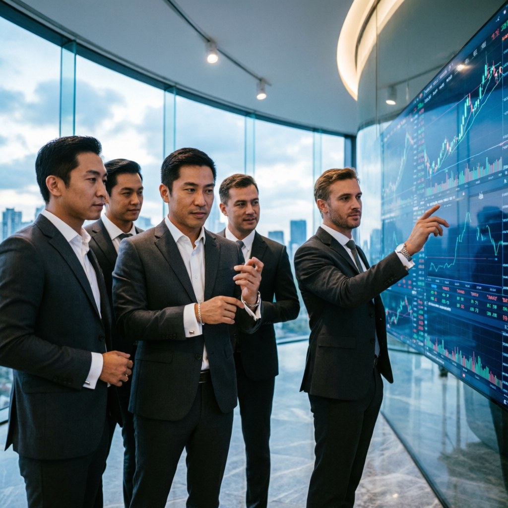 Professional team of forex traders analyzing charts together in modern office