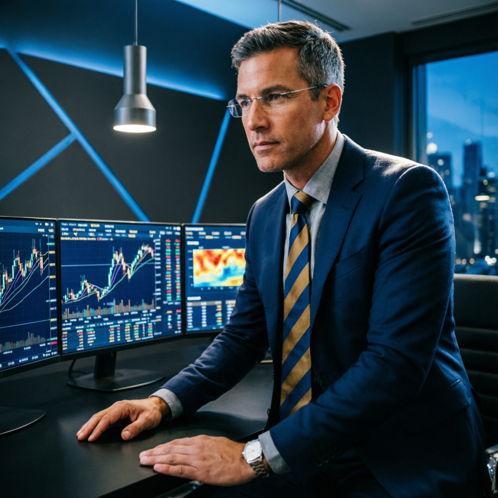 Professional forex trader analyzing prop firm challenge with multiple trading screens