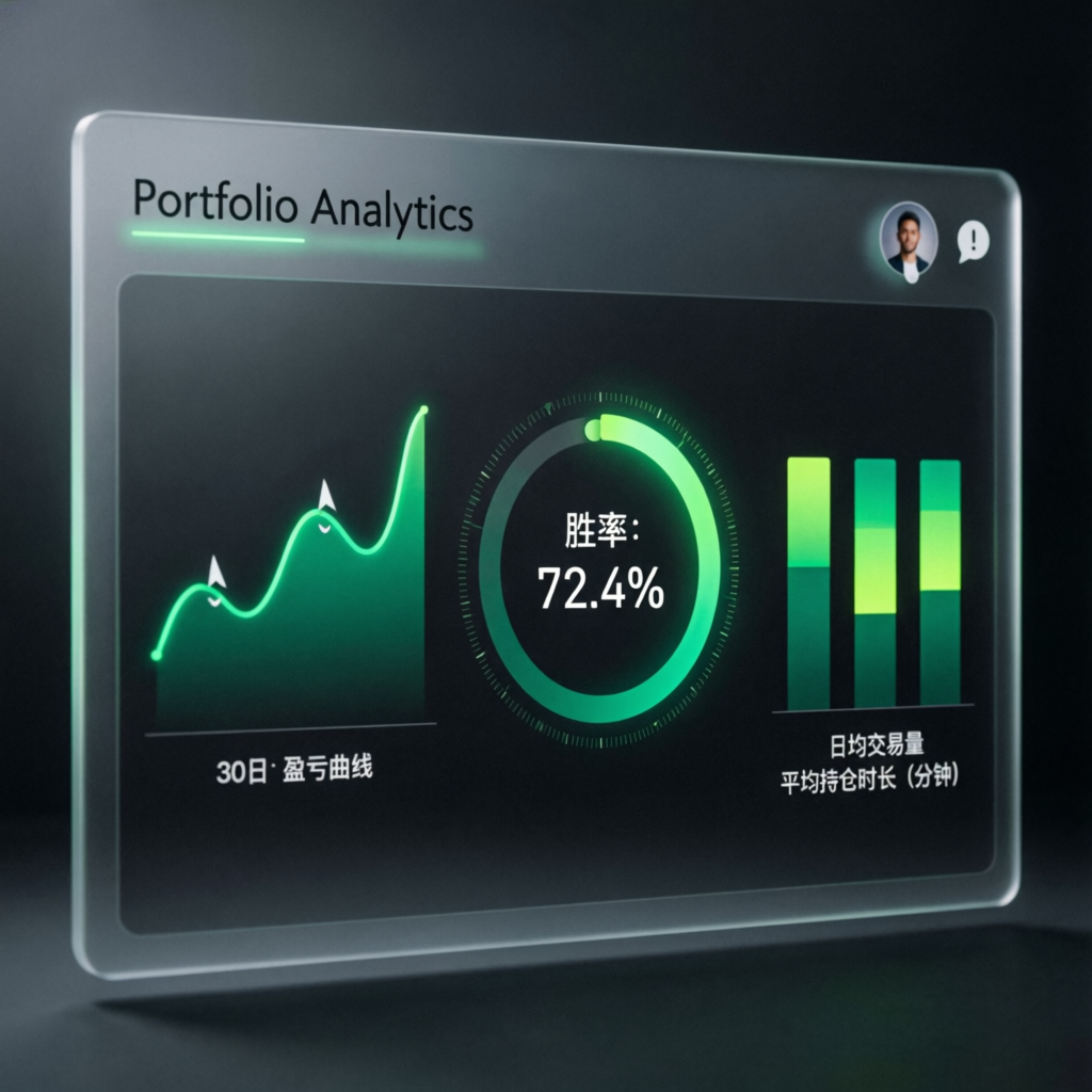 Portfolio analytics dashboard showing trading performance, win rate and profit curves