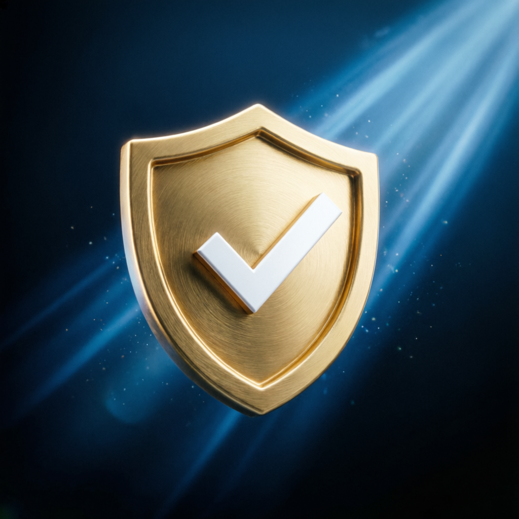Gold shield with checkmark representing trust and security in prop firm passing service