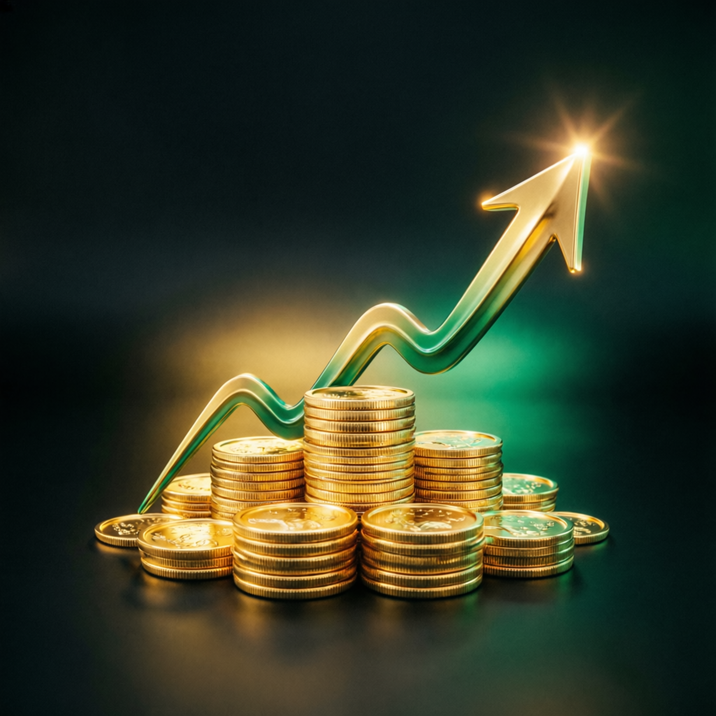 Golden coins with rising profit arrow representing successful trading and funded account profits