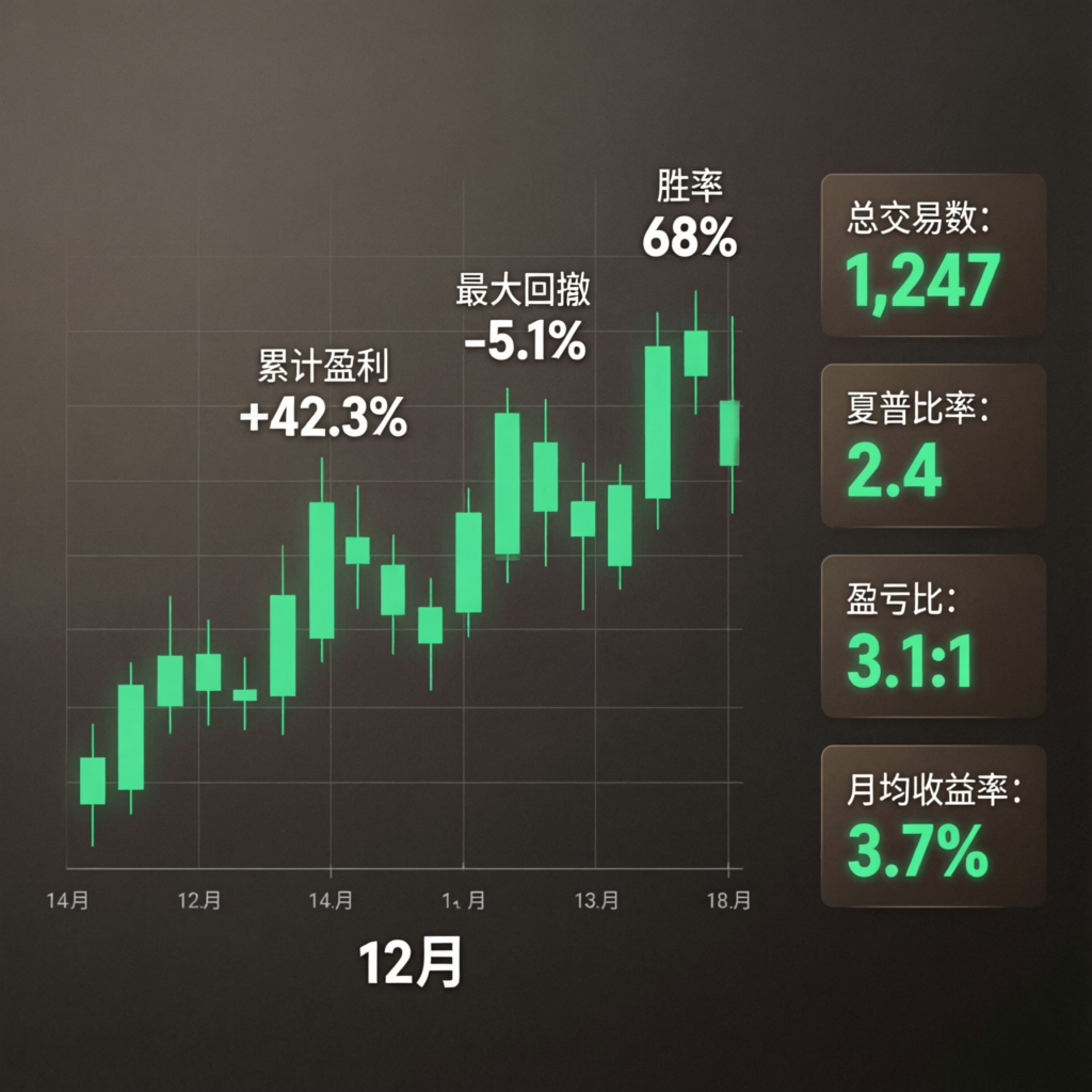 Portfolio performance chart showing consistent profit growth with +42.3% cumulative profit and 68% win rate