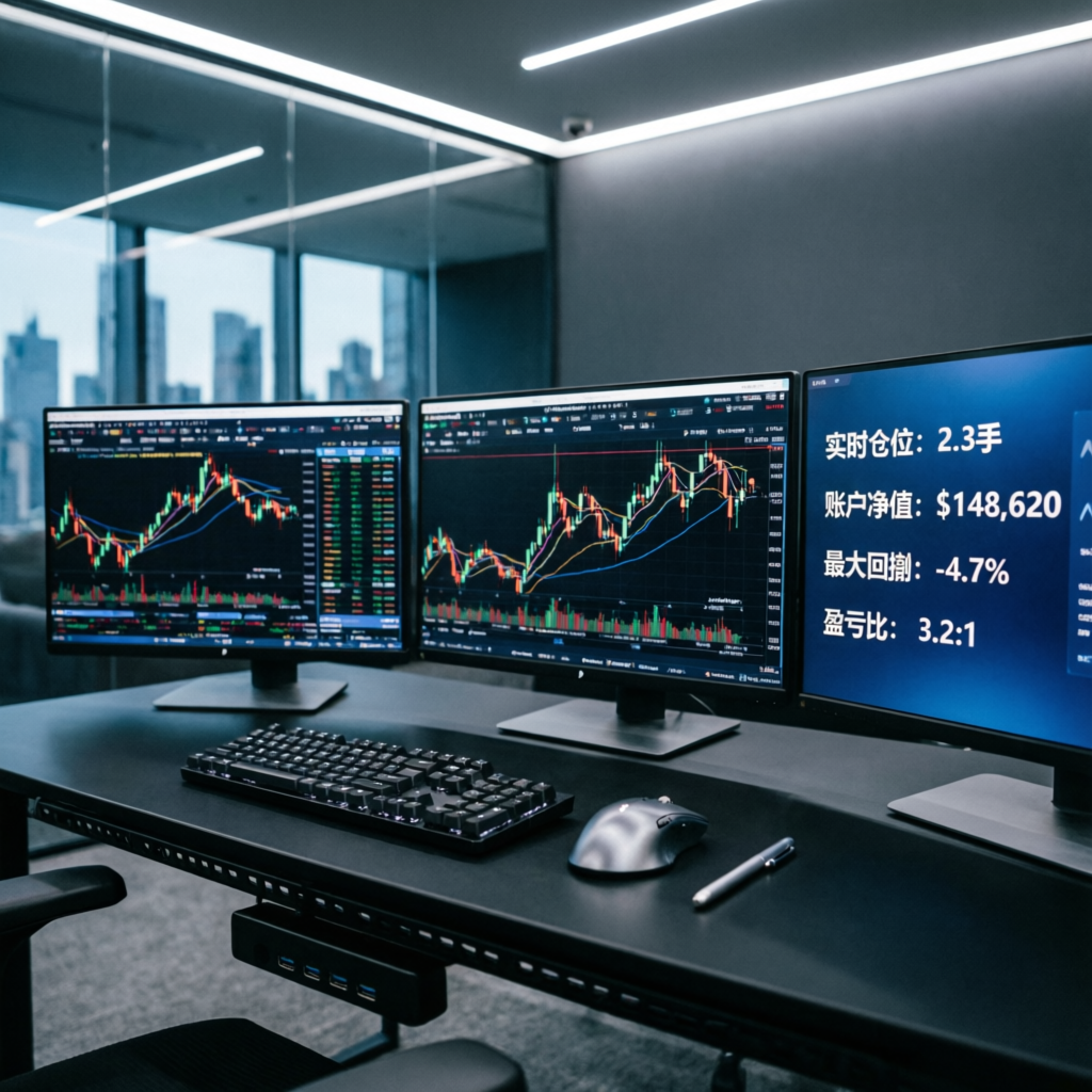 Modern forex trading workstation with three monitors displaying MT4 MT5 charts and risk management metrics for prop firm evaluation