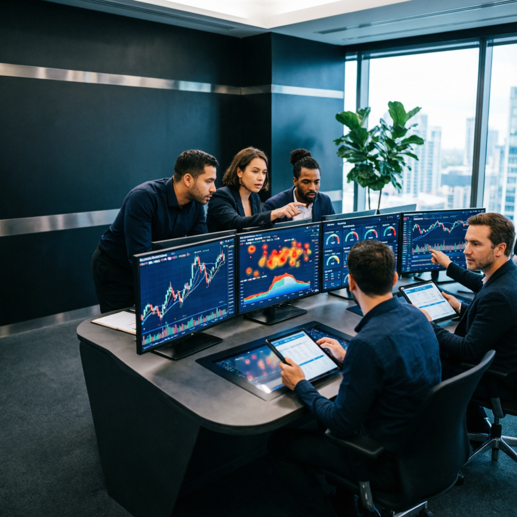 Professional team of forex traders at PFM Capitals analyzing prop firm evaluations and managing funded accounts