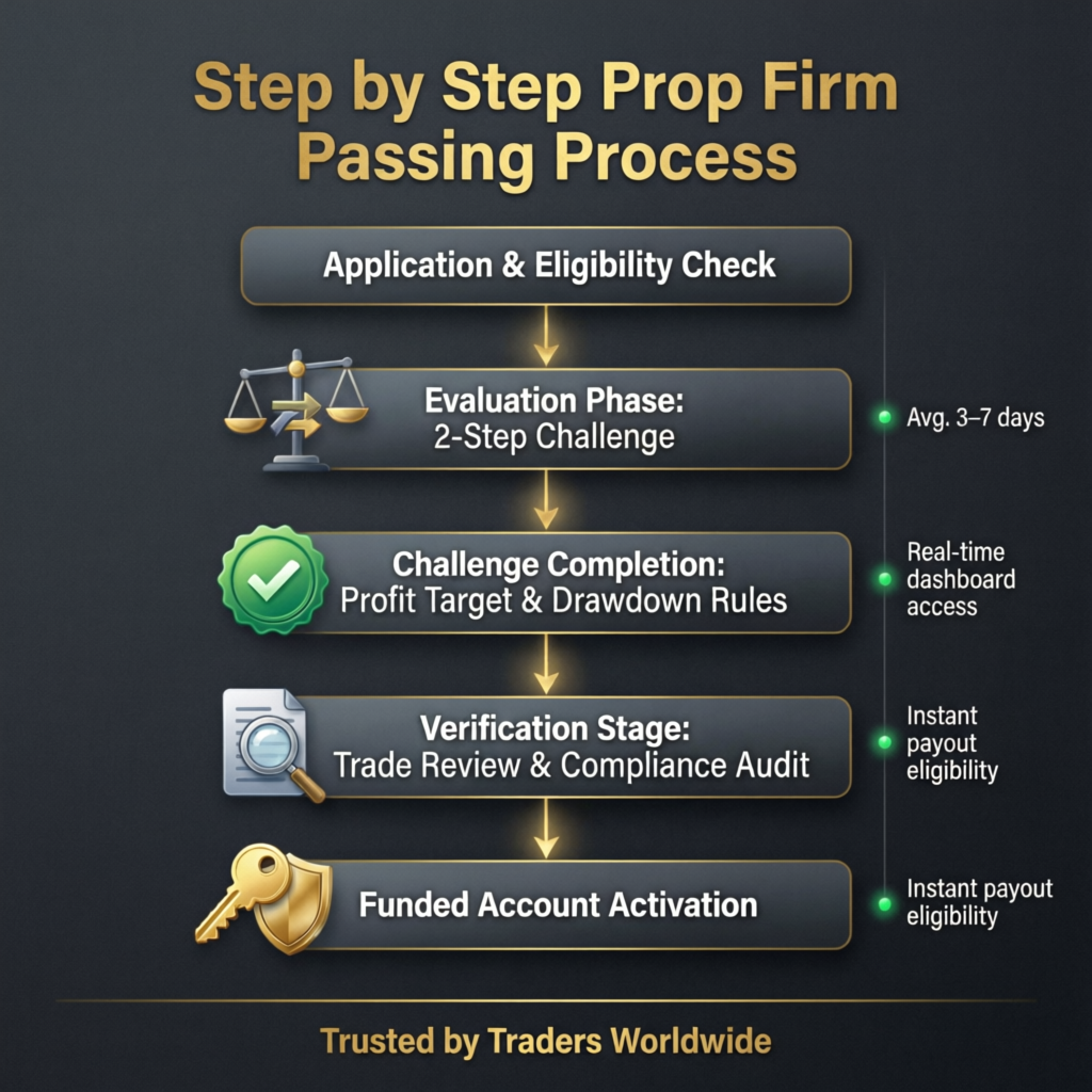 Step by step prop firm passing process flowchart showing evaluation phases and funded account activation