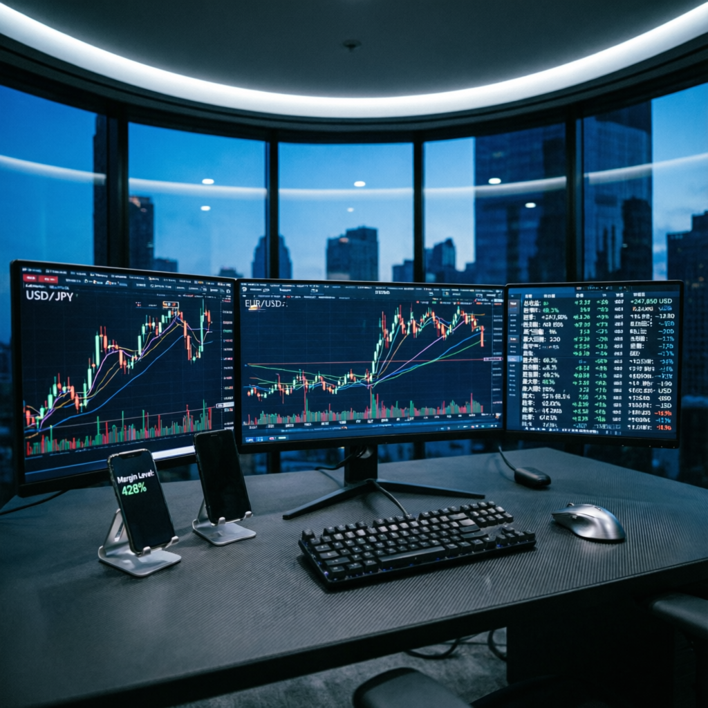 Professional forex trading setup with multiple monitors showing prop firm challenge dashboard and real-time market analysis