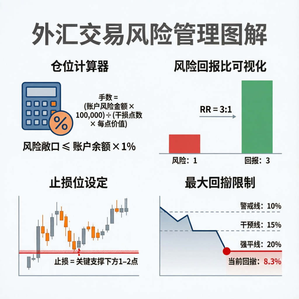 Forex trading risk management infographic showing position sizing, risk-reward ratio, stop loss placement, and drawdown limits