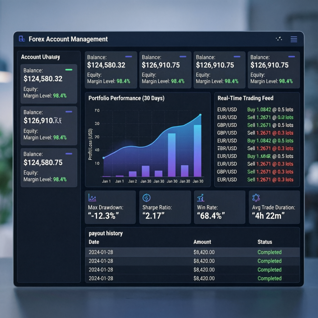 Forex Account Management dashboard showing multiple funded accounts with portfolio performance and payout history