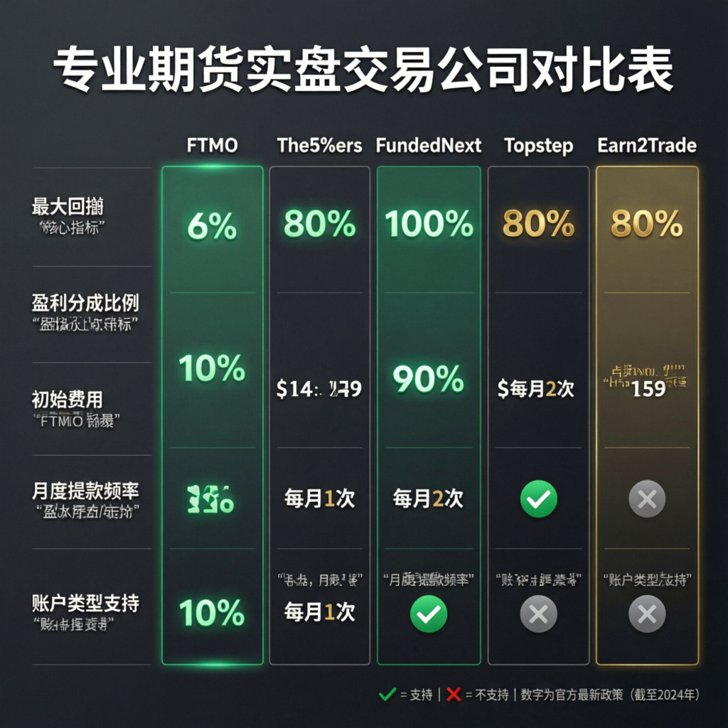 Comparison table of top prop firms showing FTMO, The5ers, FundedNext, Topstep, and Earn2Trade with key metrics