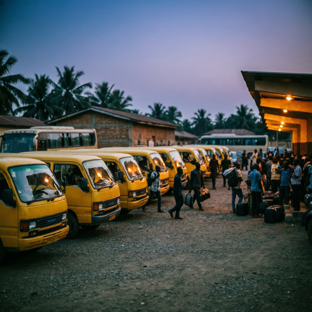 Commercial buses at a Nigerian motor park at dusk