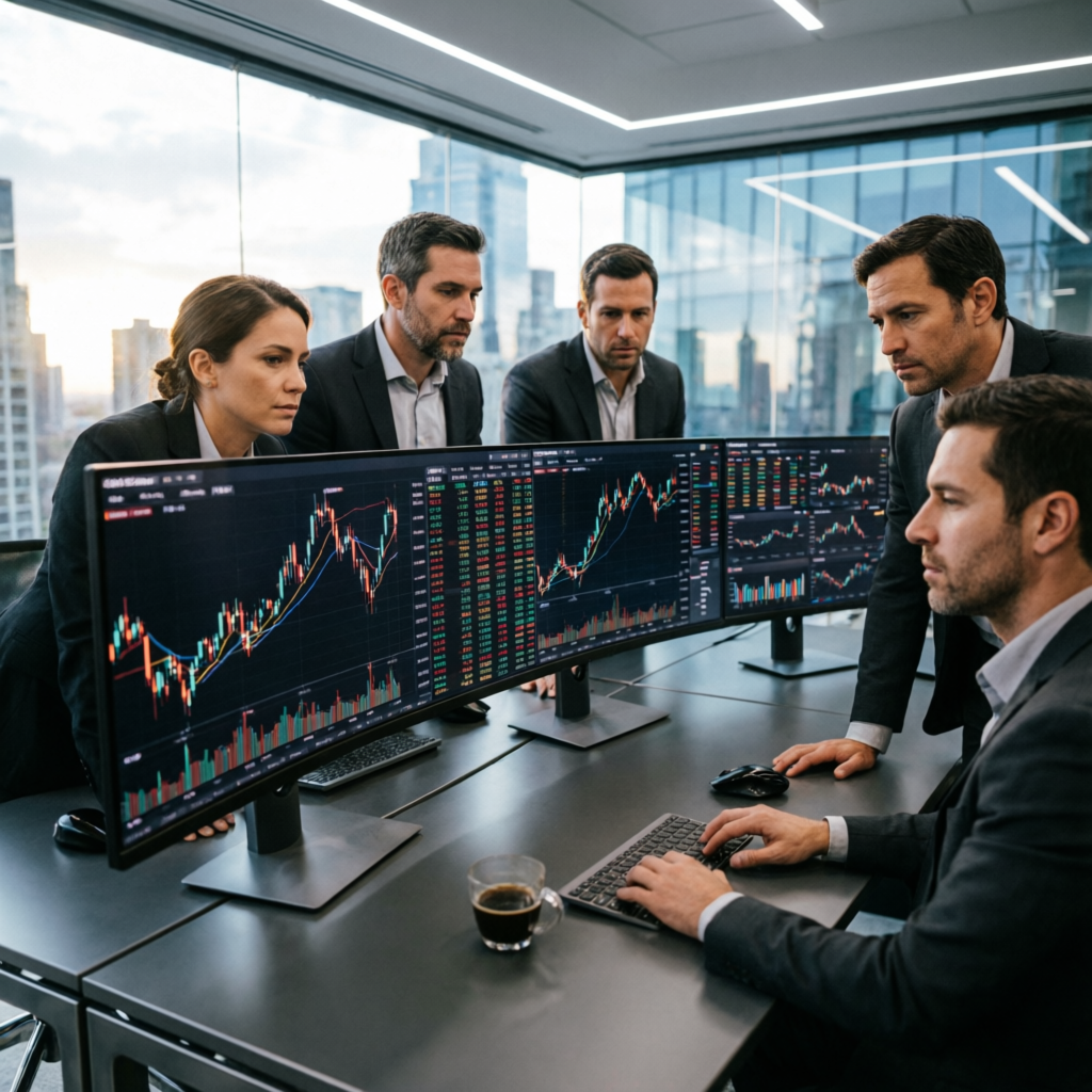 Professional team of traders analyzing forex markets at PFM Capitals trading desk
