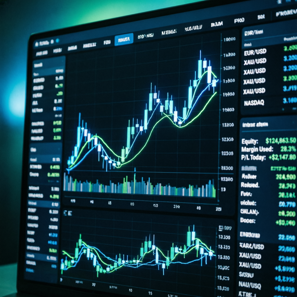 Professional trading dashboard showing candlestick charts and market data for prop firm trading