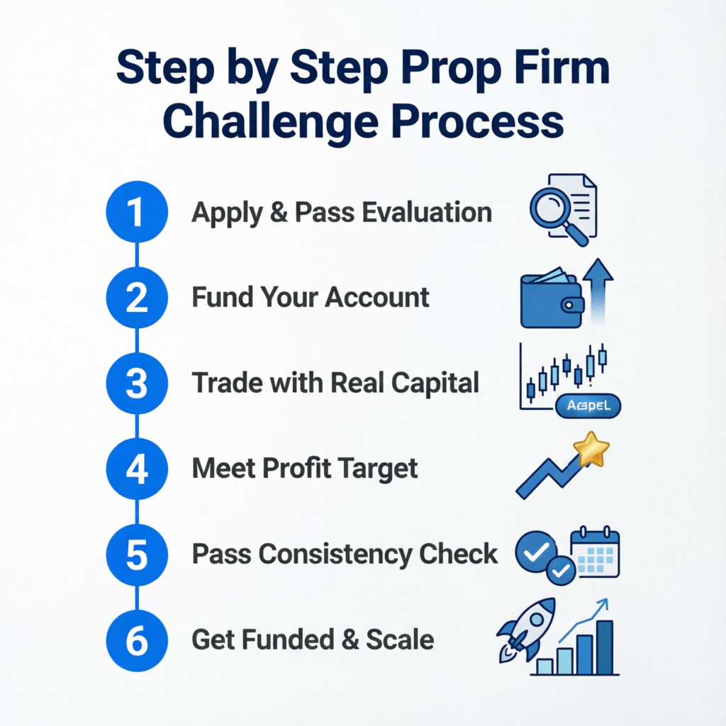 Step by step prop firm challenge process infographic showing the evaluation journey