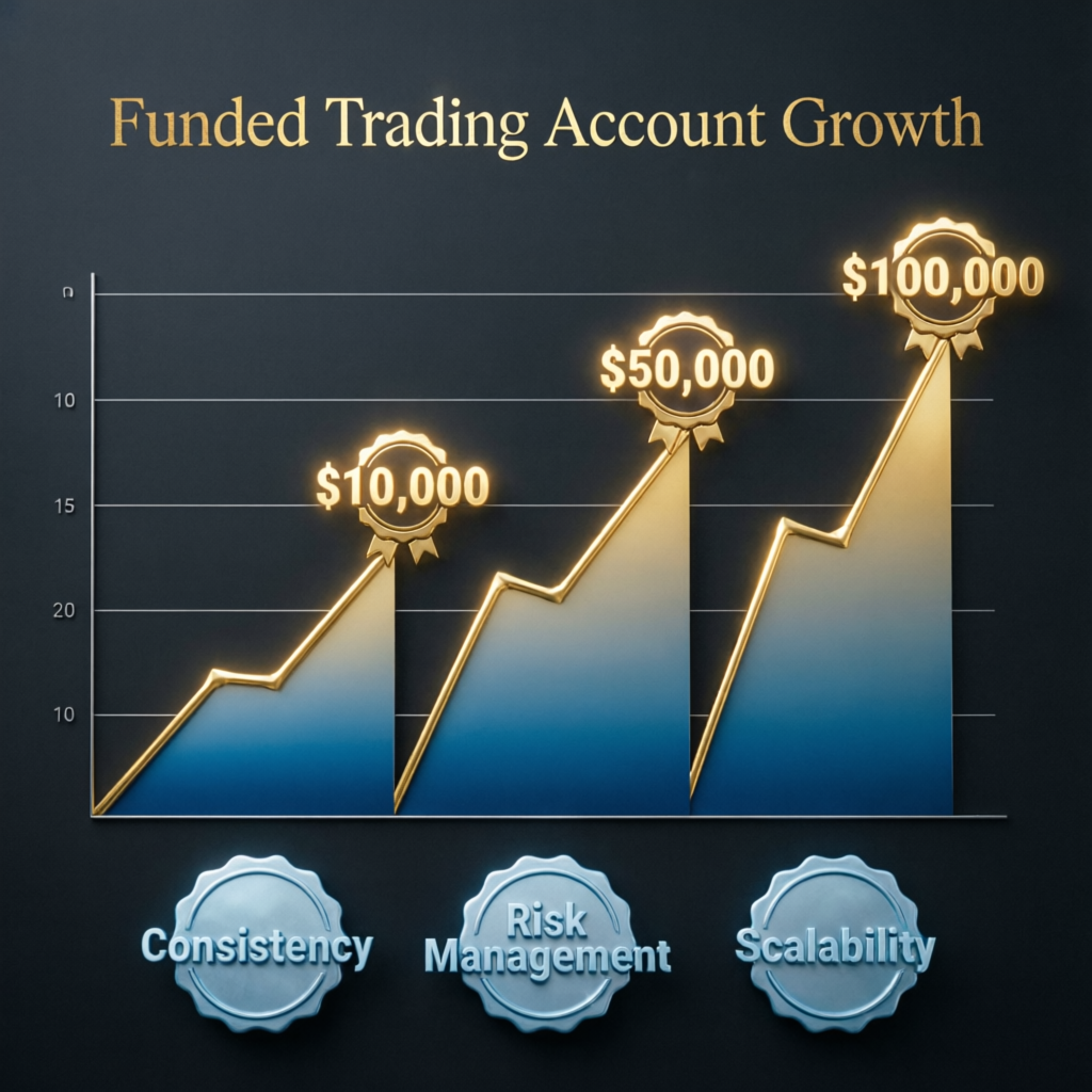 Funded trading account growth visualization showing consistent profit milestones