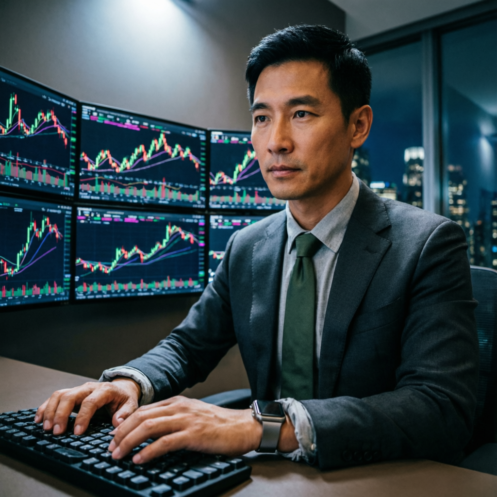 Professional forex trader managing FXIFY funded account with multiple trading monitors