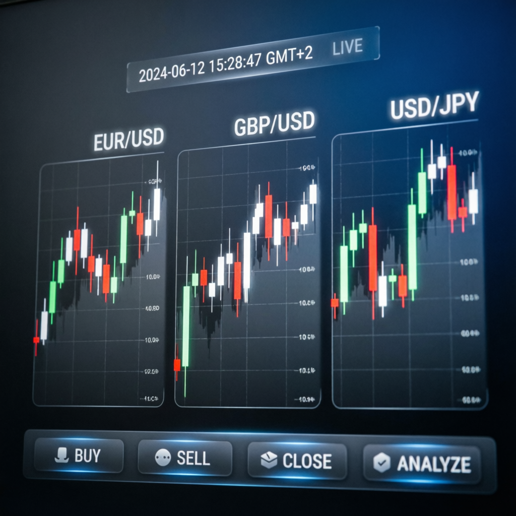 Live forex charts showing EUR/USD, GBP/USD, USD/JPY trading pairs