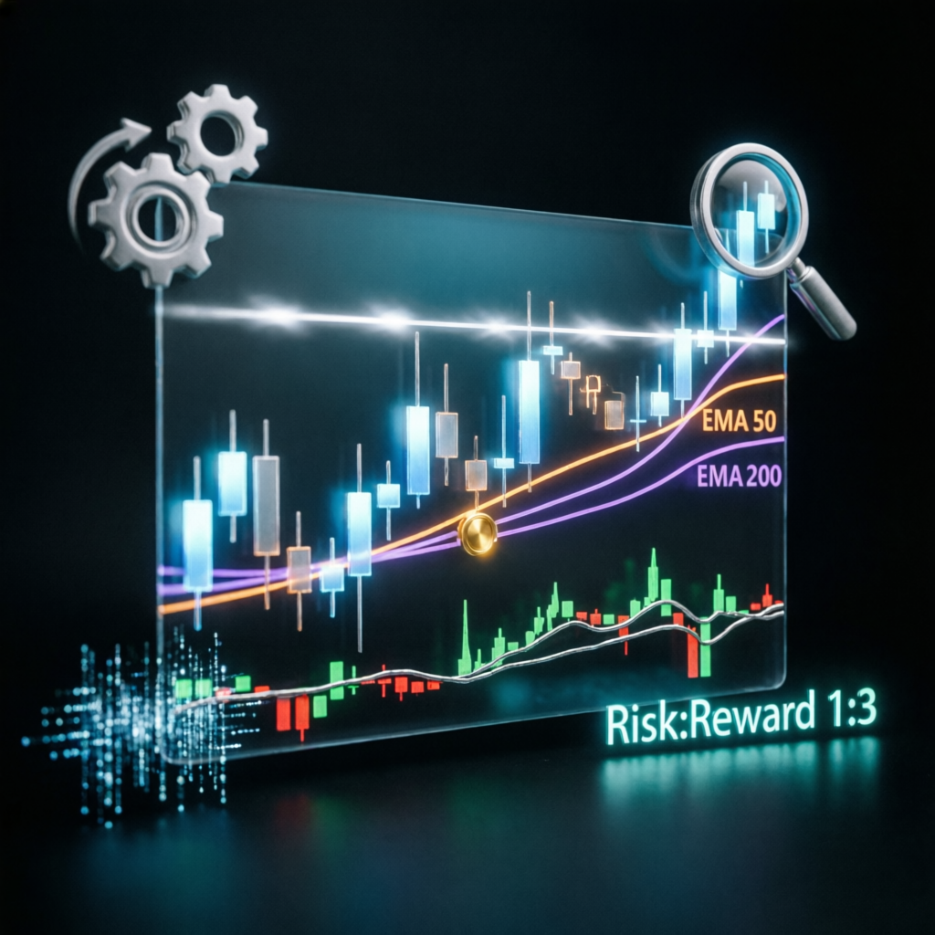 Forex trading strategy with EMA indicators and risk reward ratio